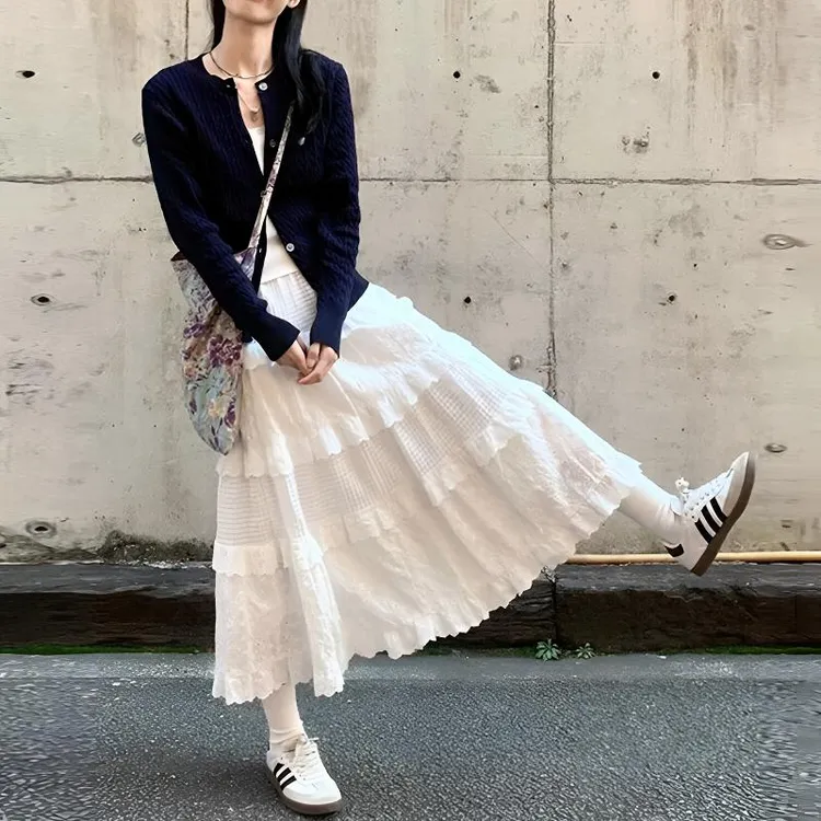 白色蛋糕裙女2025新款春季高腰显瘦a字裙温柔风长裙中长款半身裙