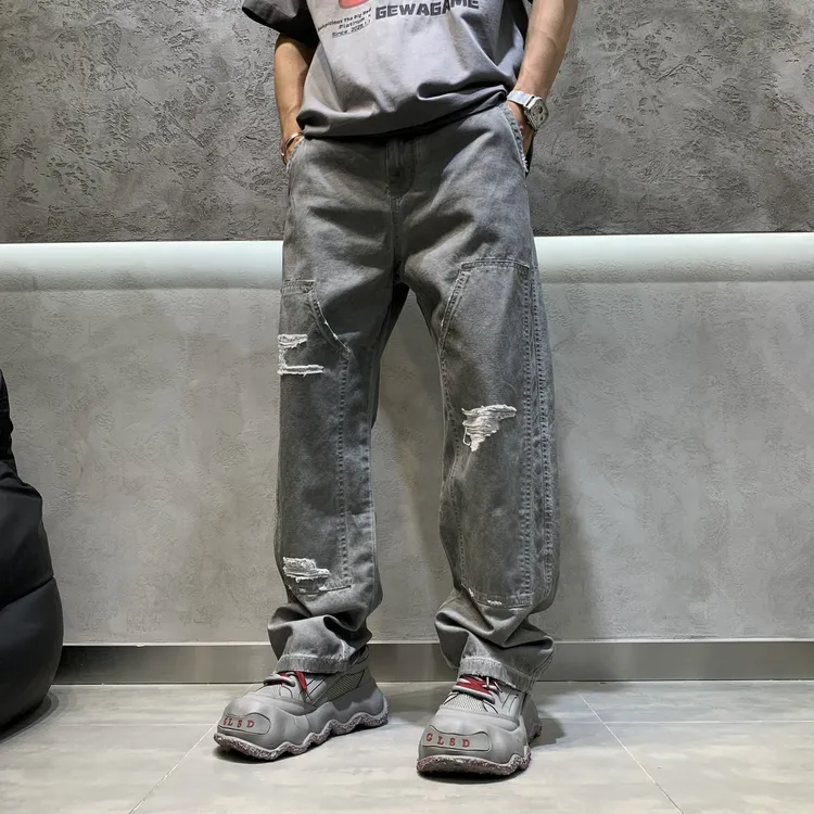 秋季新款长裤男士水洗直筒美式休闲破洞潮流拼接宽松复古休闲裤男