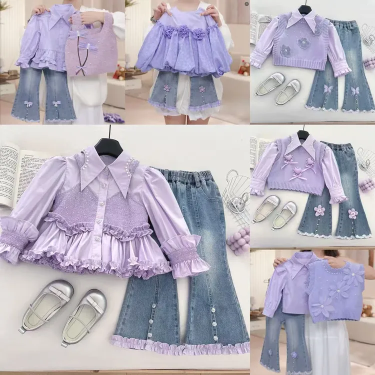 【紫色】女童秋季欧若风套头少女风春秋套装女孩套装