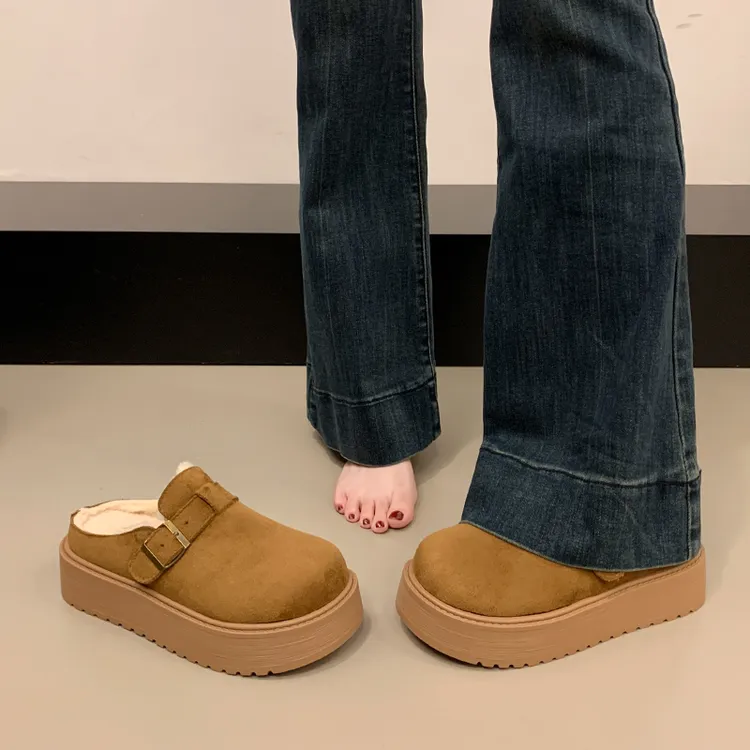 秋冬外穿半拖鞋厚底勃肯鞋女2025新款加绒毛毛棉拖一脚蹬博肯包头