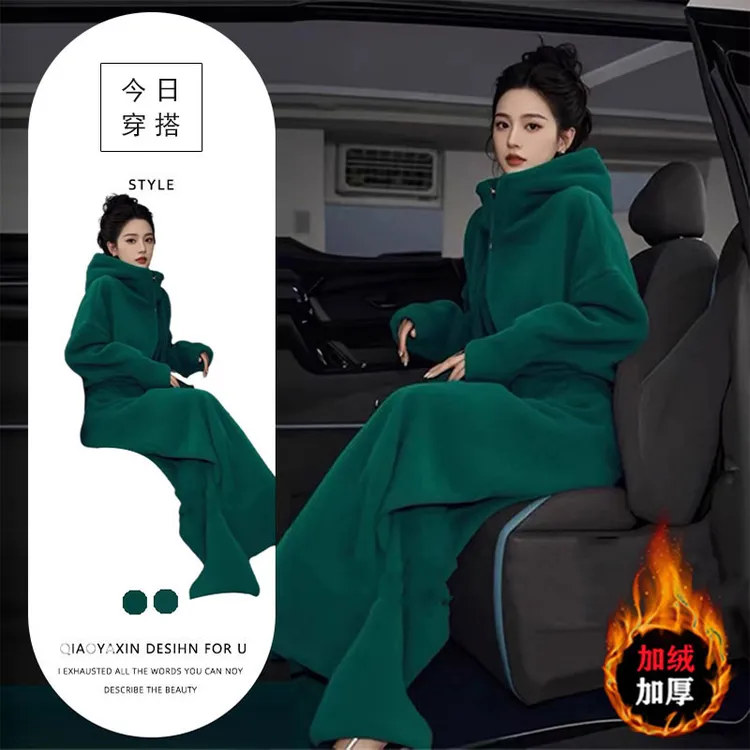 冬装搭配一整套高级感小香风休闲绿色加绒款连帽外套阔腿裤套装女