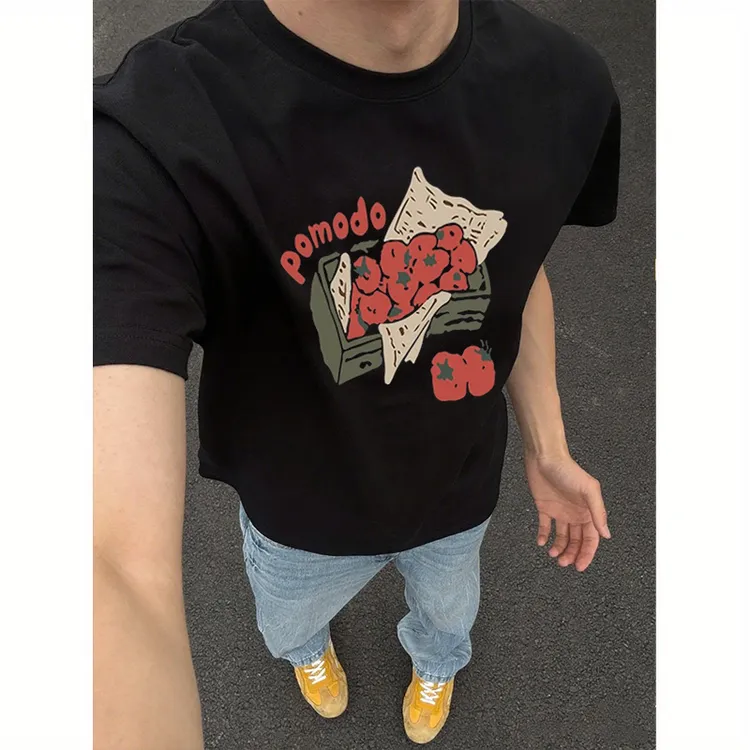 280g重磅美式高街趣味番茄印花T恤圆领夏季潮牌BF设计感情侣短袖