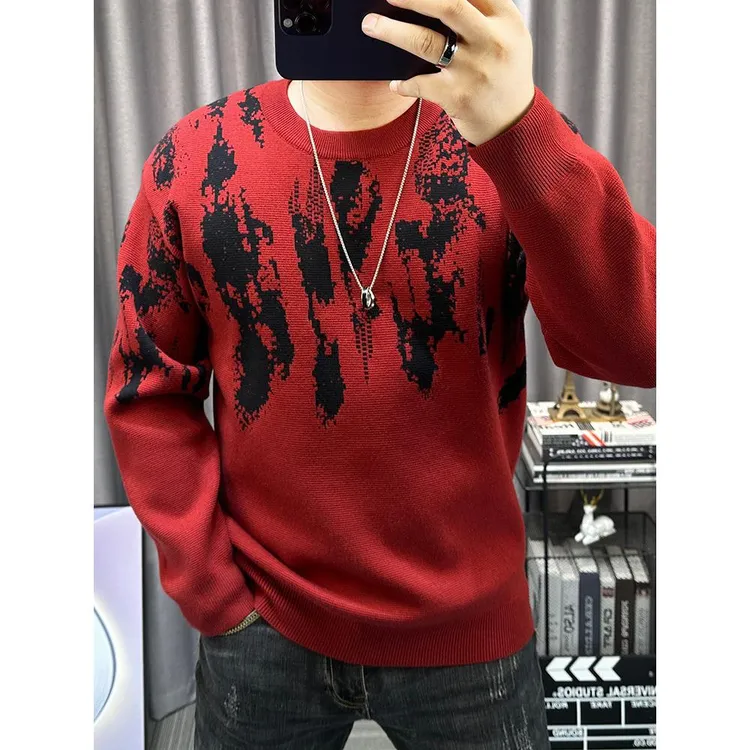 2025秋冬新款长袖毛衣男潮流圆领印花上衣休闲宽松男士针织打底衫