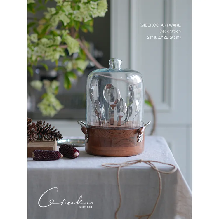 契阔家居餐具收纳桶芒果木汤勺饭勺甜品勺进口美式手工蛋形套装