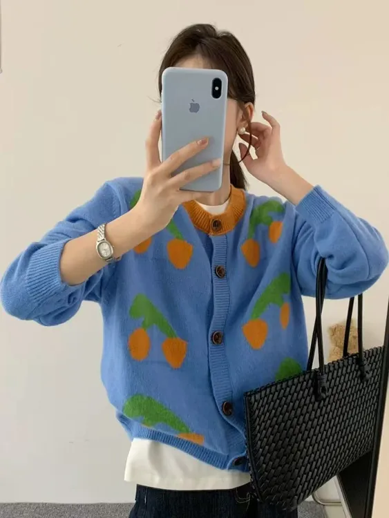 韩系复古撞色提花高级感毛衣开衫女秋季新款洋气宽松软糯针织外套