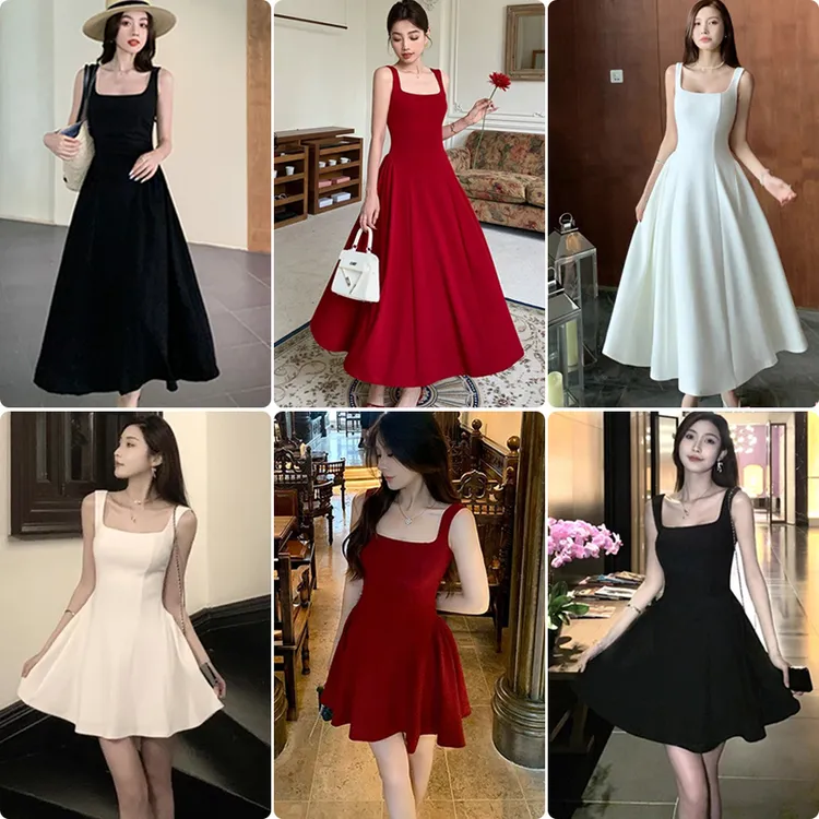 从一时刻 红色U领吊带连衣裙女2024新款法式小众高级感a摆裙