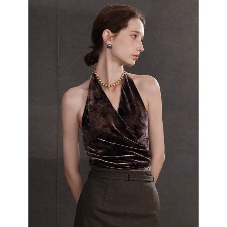 Mix Selection|丝绒拿铁 进口复古丝绒V领挂脖绑带背心MSAJY0871