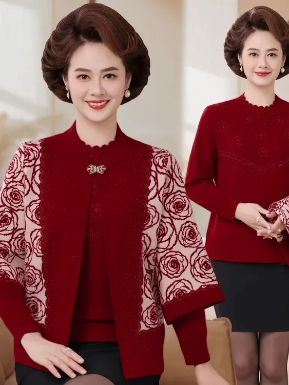 秋冬喜婆婆父母婚宴装两件套时尚礼服毛衣外套老年人结婚妈妈衣服