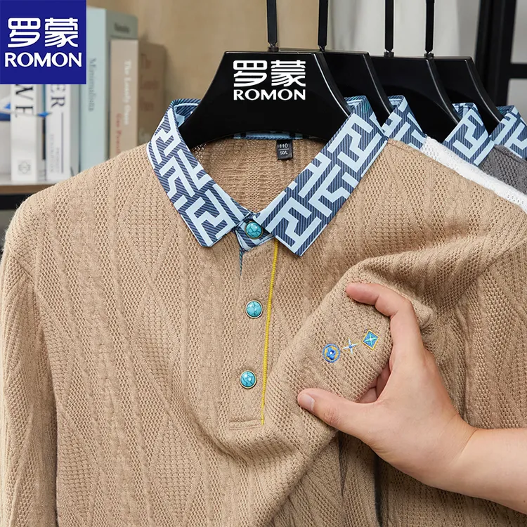 罗蒙新款男士长袖针织百搭POLO衫休闲刺绣透气翻领上衣中年男装潮