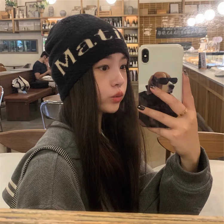 雅鹿女秋冬保暖针织帽大头围显脸小韩百搭休闲包头帽字母堆堆感