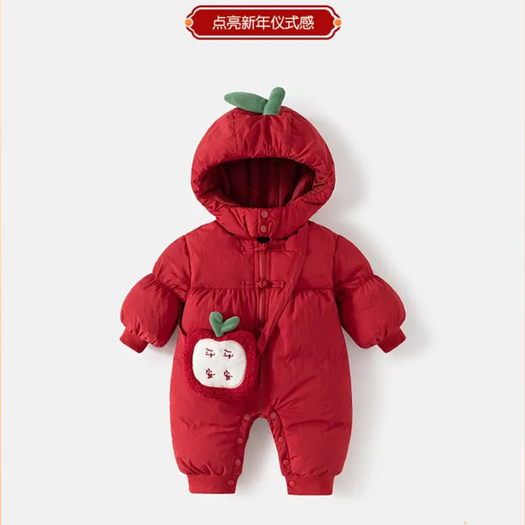 婴儿加厚拜年服冬装宝宝百天过年喜庆连体衣服新年红色加棉服冬季