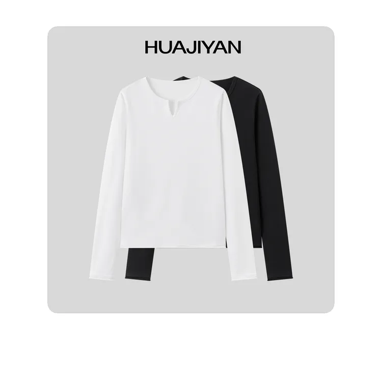 华吉言/HUAJIYANV【小水滴】纯棉简约基础百搭小v领打底上衣
