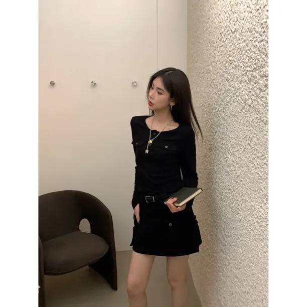【赵小小&麻豆公式 】8835 韩版秋季辣妹显瘦纯色百搭圆领长袖上衣
