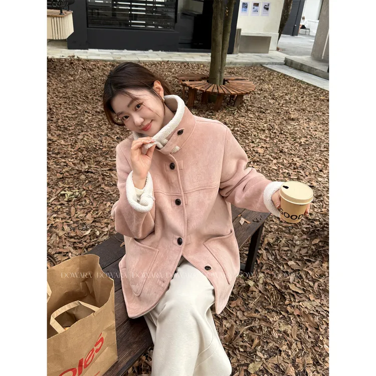 大婉酱微胖定制【雾粉蜜语】韩系麂皮绒减龄显瘦毛毛一体外套9884D 