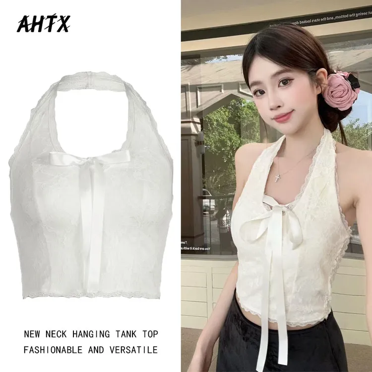 气质款 性感v领挂脖吊带背心蝴蝶结修身显瘦美背自带胸垫小众