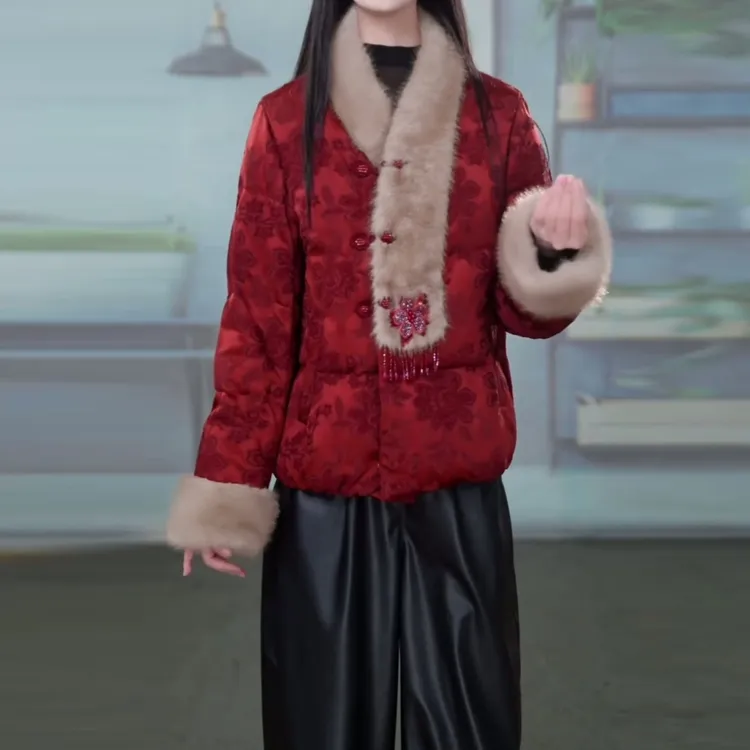 天丝提花2025冬季新款国风复古洋气毛领红色加厚加绒白鸭绒羽绒服