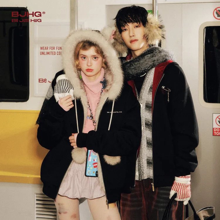 BJHG不计后果猫耳朵夹克外套女款冬季抗静电暖皮加棉加厚连帽卫衣