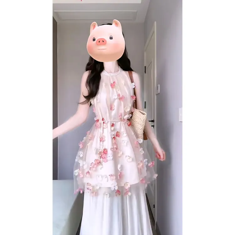 甜美温柔休闲百搭设计感立体花朵无袖连衣裙收腰显瘦时尚半身裙女