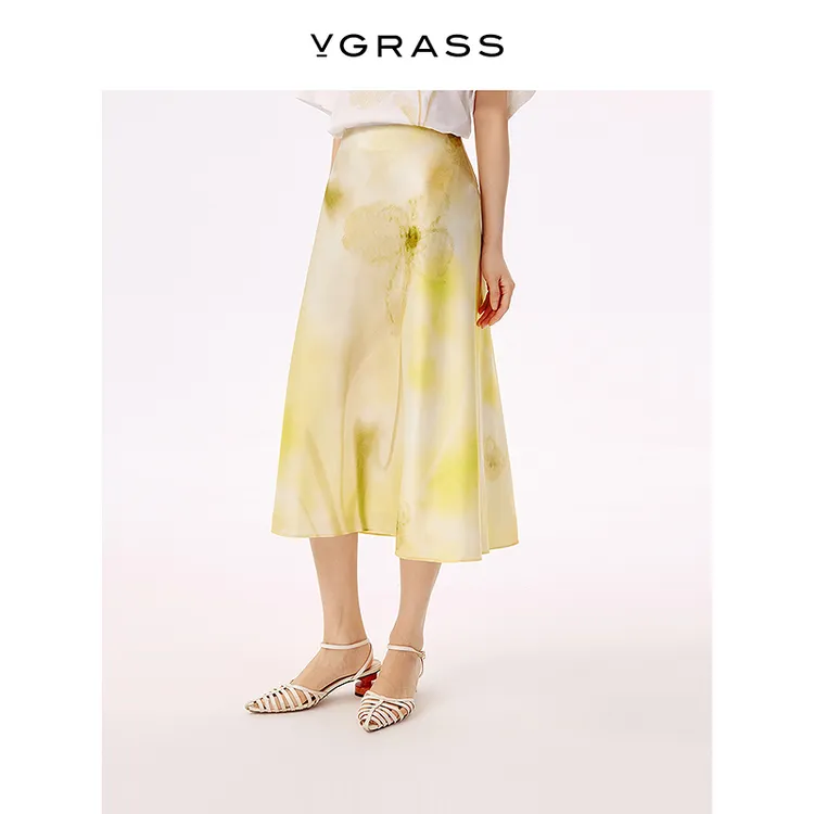 VGRASS定位晕染印花桑蚕丝混纺半身裙25夏季新款裙子VSB2Q2591C