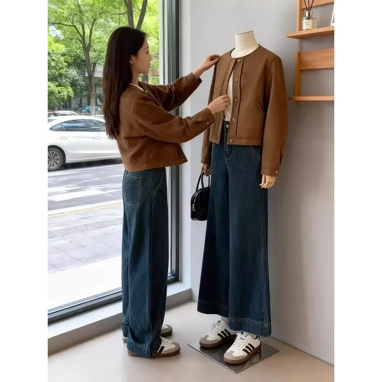 复古圆领工装风仿麂皮外套2025秋冬新款休闲气质百搭保暖长袖外套