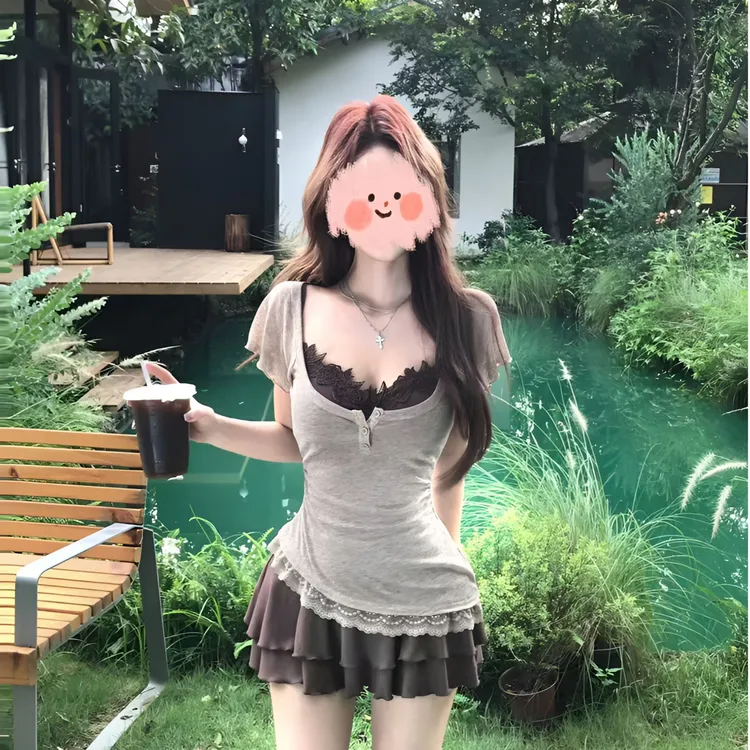 Mejiu蜜九【可可拿铁】真两件纯欲蕾丝连衣裙女夏季收腰设计裙子