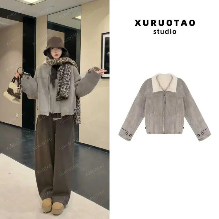 XURUOTAO【北极回想】绵羊毛加绒加厚皮毛一体青灰色外套 T5849