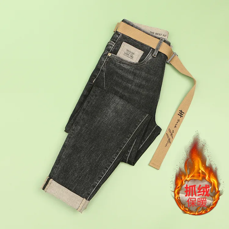 标羚冬季抓绒牛仔裤男修身小脚潮牌锥形弹力男士休息裤子秋冬厚款