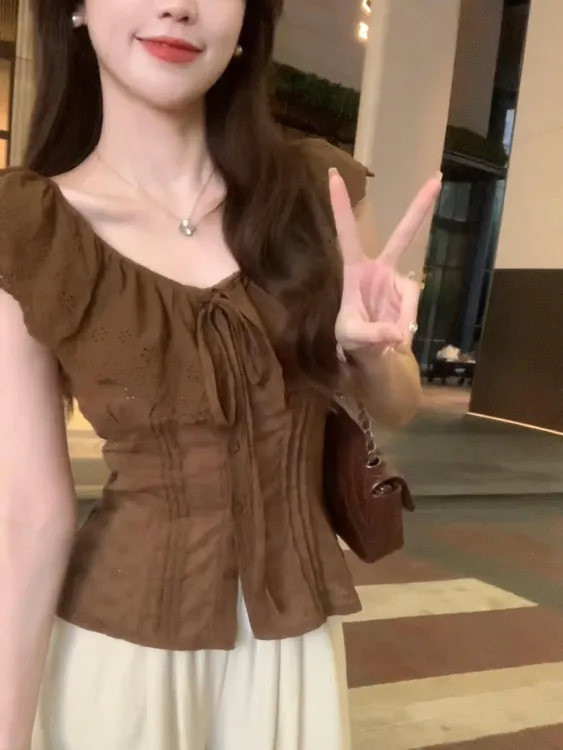 纯欲辣妹拼接花边绑带修身掐腰短袖衬衫女宽松阔腿休闲裤两件套装