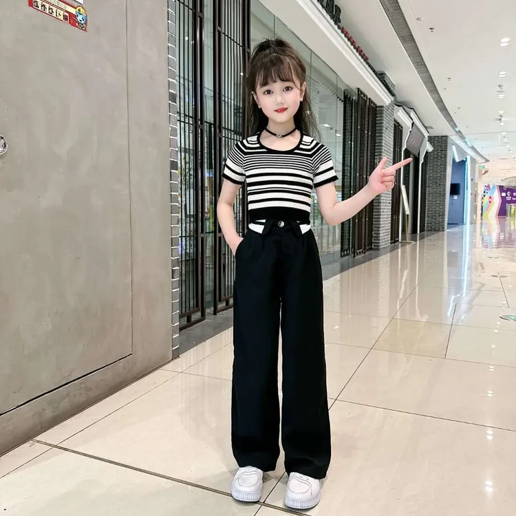 女童夏季套装2025新款韩版洋气中大童条纹短袖阔腿裤运动两件套潮
