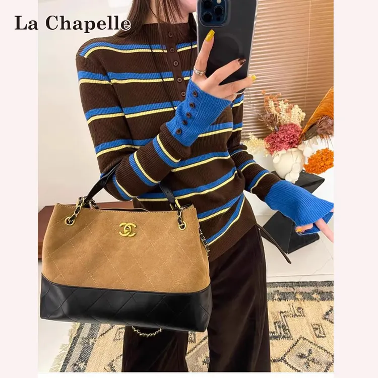 拉夏贝尔套头条纹撞色针织衫女秋冬韩系通勤长袖高级感打底衫上衣