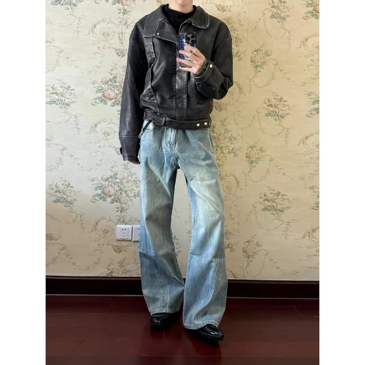 复古蓝微喇牛仔裤男款cleanfit美式高街裤子显腿长修身弯刀直筒裤