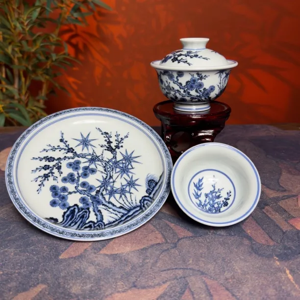 青花松竹梅系列茶具三件套纯手工