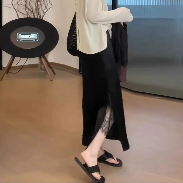 蕾丝醋酸半身裙女夏季薄款高级感欧货大码胖mm显瘦垂感a字长裙