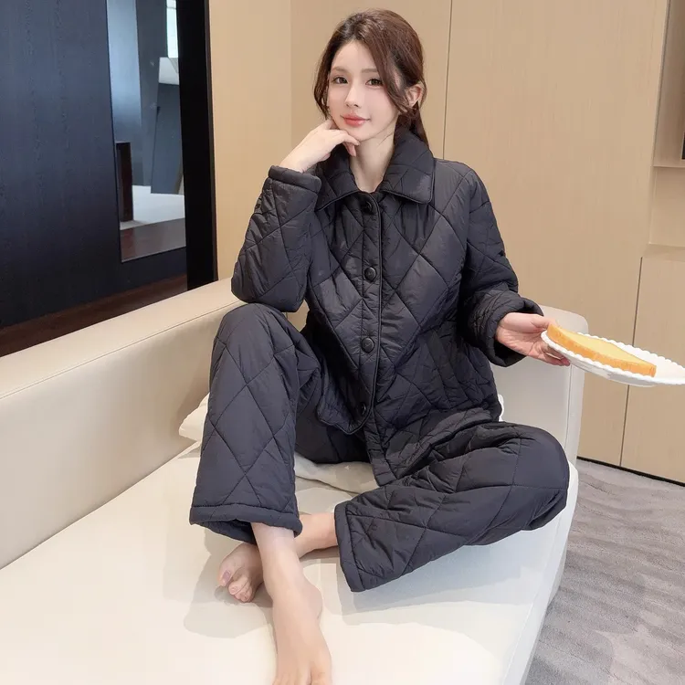 睡衣女2025冬季新款三层夹棉时尚翻领加厚加绒保暖外穿家居服套装