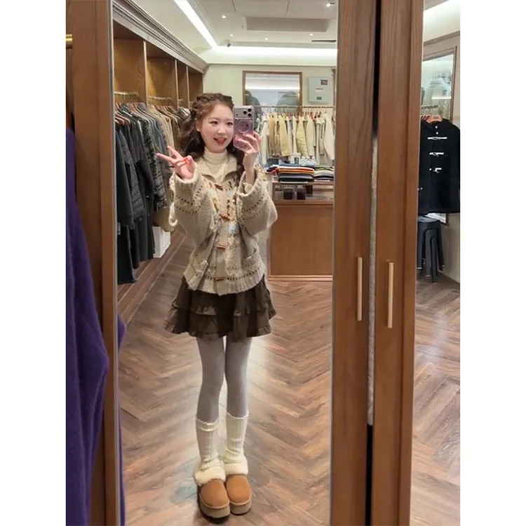 parkyeon超好看独特提花毛衣开衫女复古咖色荷叶边半身短裙套装