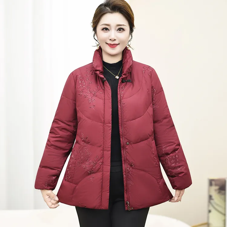 羽绒服立领刺绣中老年女装秋冬中年棉服老年人女装女士外套棉袄厚