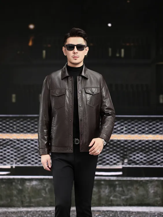 【MINGCHI精选】海宁秋冬新款男士真皮牛皮90鹅绒服休闲夹克25815-1