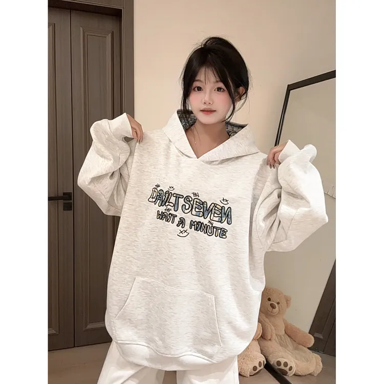 HandSeven美式复古字母刺绣连帽卫衣情侣长袖帽衫外套男女款春秋