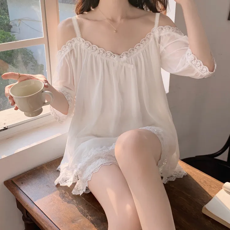 一字肩网纱睡衣套装夏季家居服薄款网红女士纯欲公主风秋季宫廷风