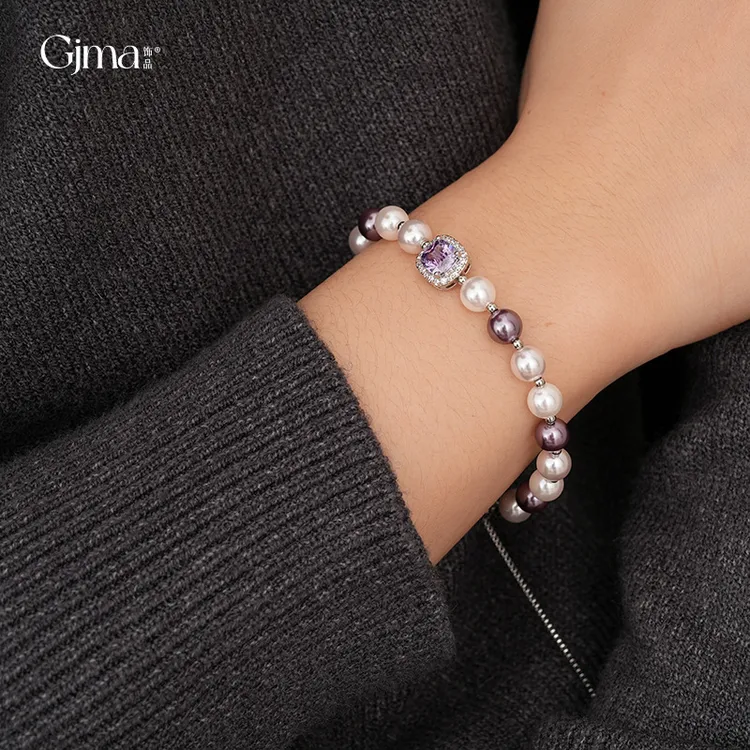 不锈钢仿珍珠手链 轻盈法式复古风几何珍珠串珠手链女款高级气质