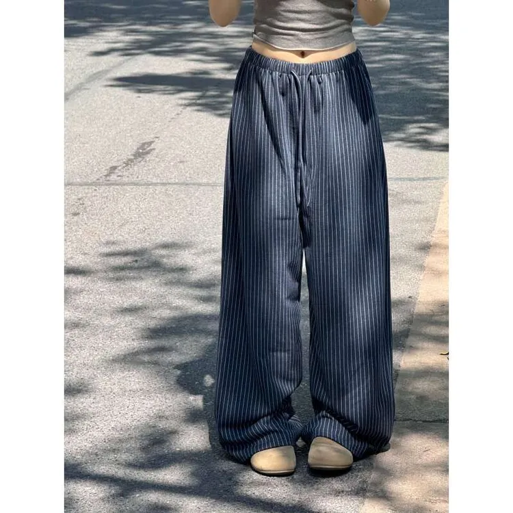 定制秋冬款条纹阔腿直筒高腰显瘦慵懒垂感拖地