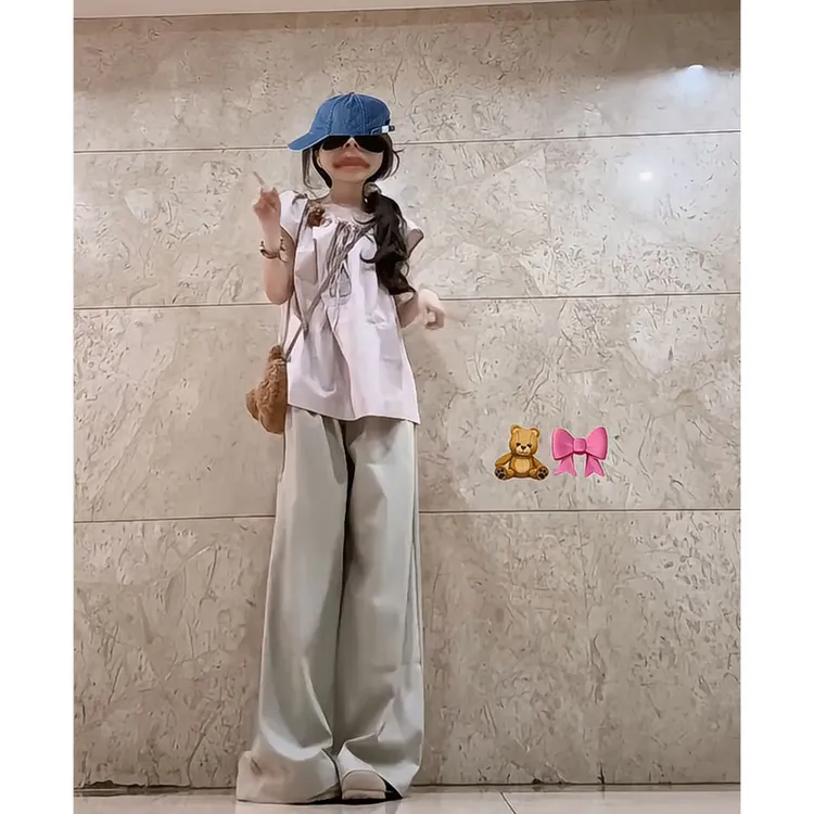 2025夏季新款韩系穿搭修身圆领系带短袖上衣气质高腰显瘦阔腿长裤