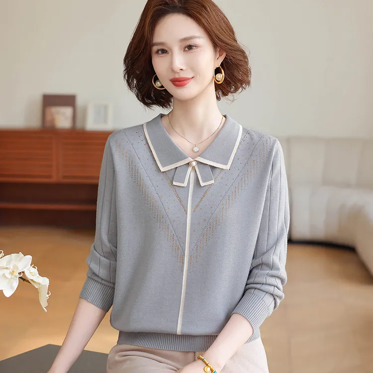 妈妈秋装针织打底衫2025新款宽松洋气中老年女装薄款翻领时尚上衣