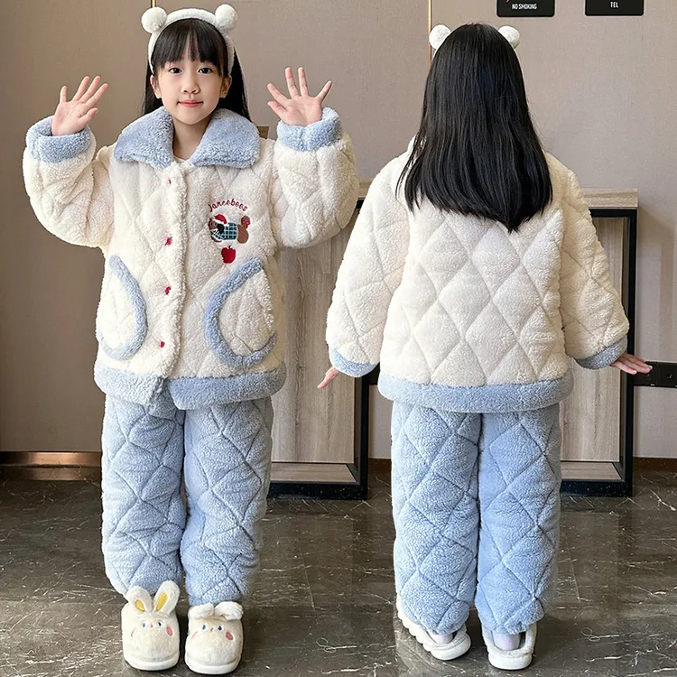 法兰绒新款女童三层夹棉儿童睡衣加绒加厚冬季公主女孩大童家居服