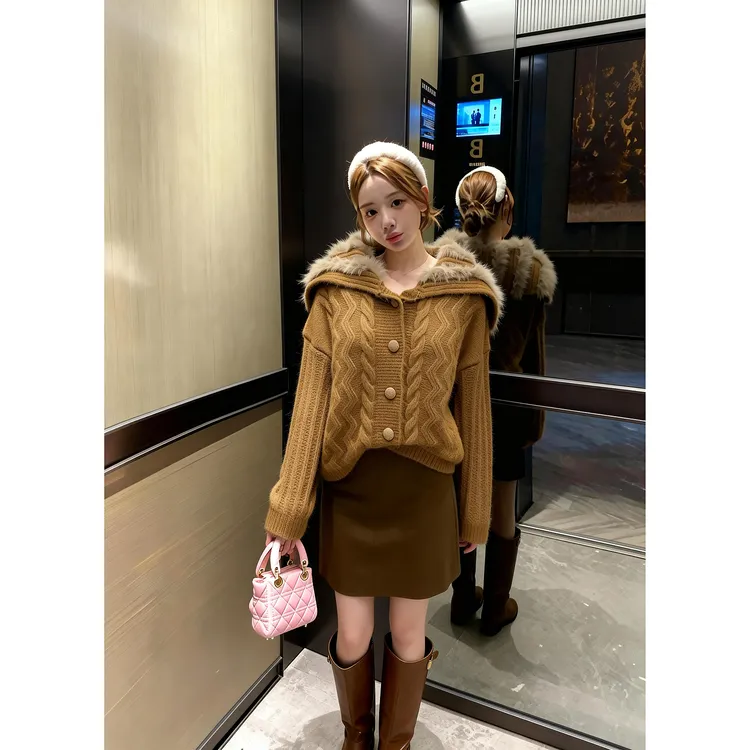 【笨比甜专属】【焦糖絮语】大毛领咩咩毛法式名媛感针织外套女韩版秋冬宽松百搭