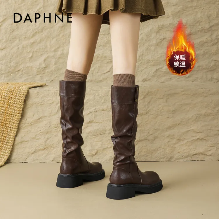 达芙妮厚底长筒靴女2025秋冬新款加绒高筒靴子堆堆皮靴西部骑士靴