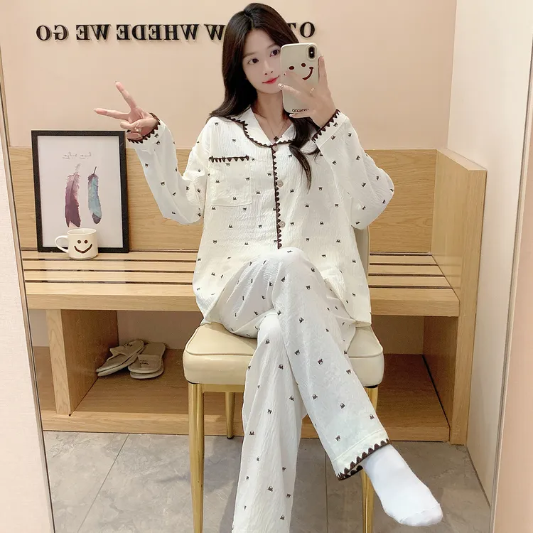 云朵棉睡衣女长袖长裤可爱卡通秋冬韩版ins少女家居服套装可外穿