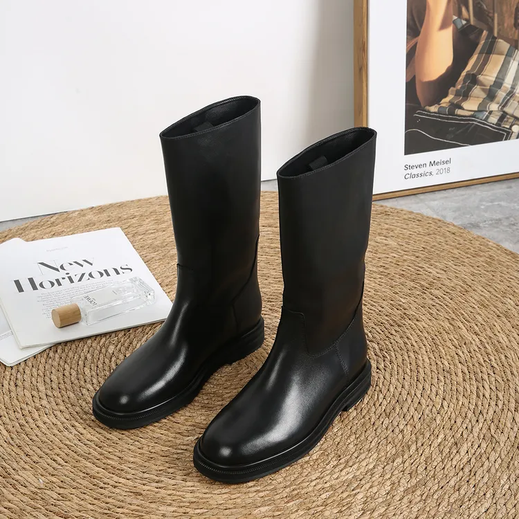【高级舒适】ROW风英伦风圆头饮奶牛皮羊皮女士宽筒中筒骑士靴女靴