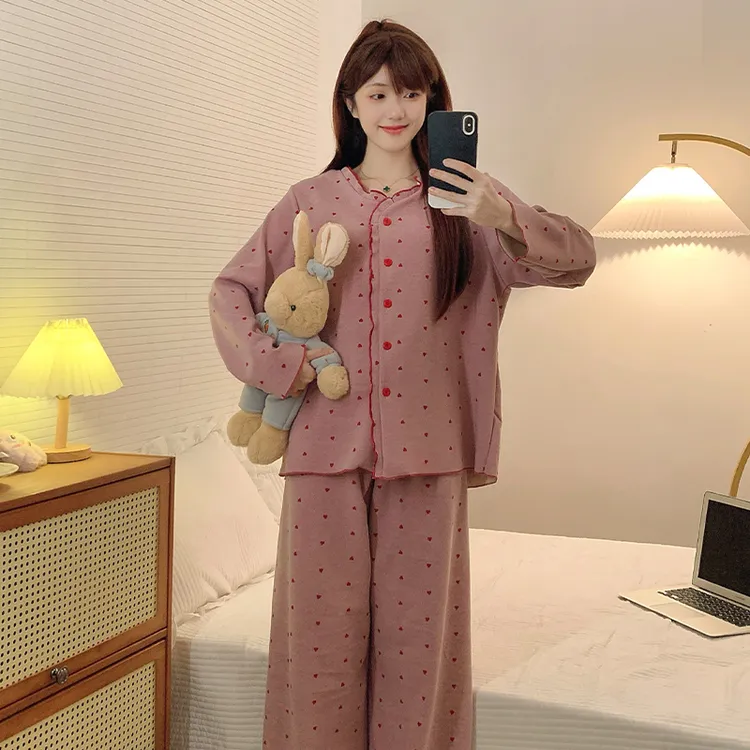 炸姐大码睡衣女秋冬季2025新款粉色爱心甜美宽松可外穿家居服套装