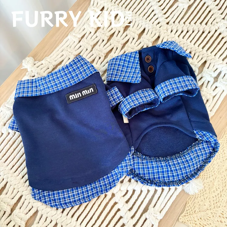 FURRYKID「首尔格纹」MIU系藏青假两件衬衫秋款卫衣猫猫狗狗衣服